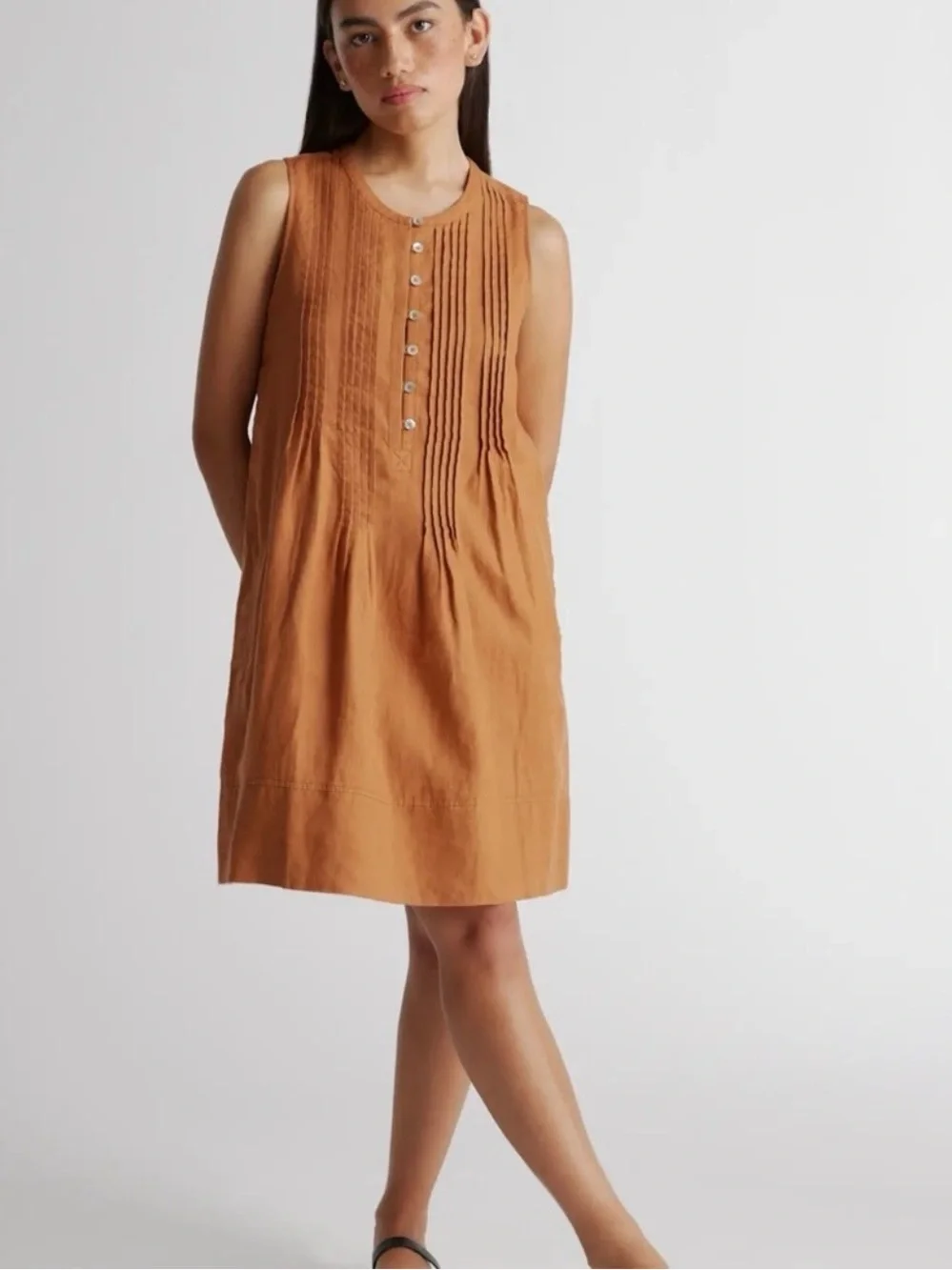 100 european linen sleeveless swing dress Navy Blue Cotton Paneled Custom Size (Free) / Regular (5'2" and resource light material Quince 100% European Linen Sleeveless